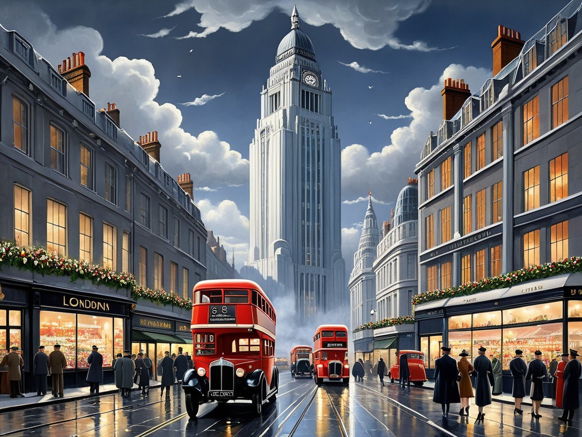 London Street Scene with Double-Decker Buses and Clock Tower