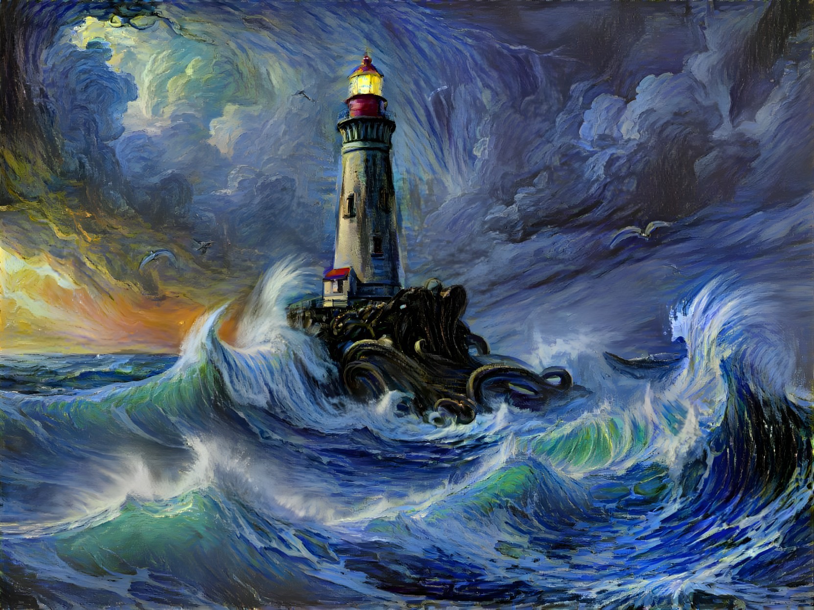 Dramatic Seascape with Lighthouse and Stormy Waves