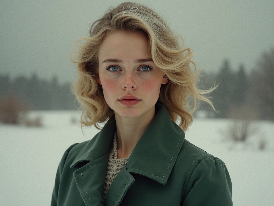 Young woman in winter landscape with snow and green coat