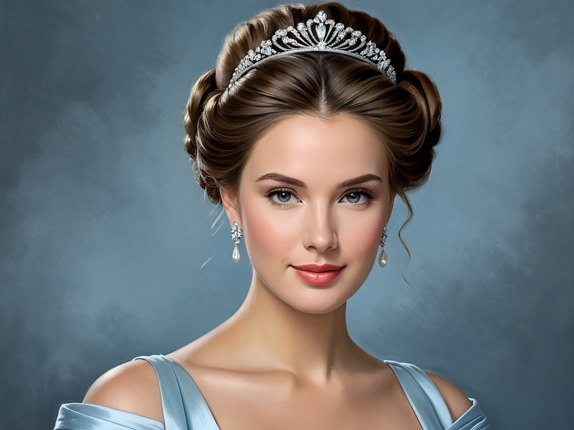 Elegant Young Woman in Blue Gown with Tiara