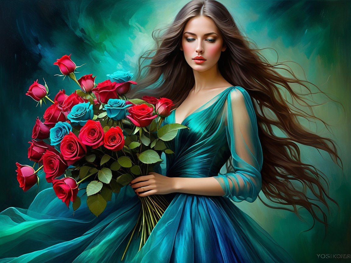 Elegant Woman with Roses in Teal Gown and Swirling Background