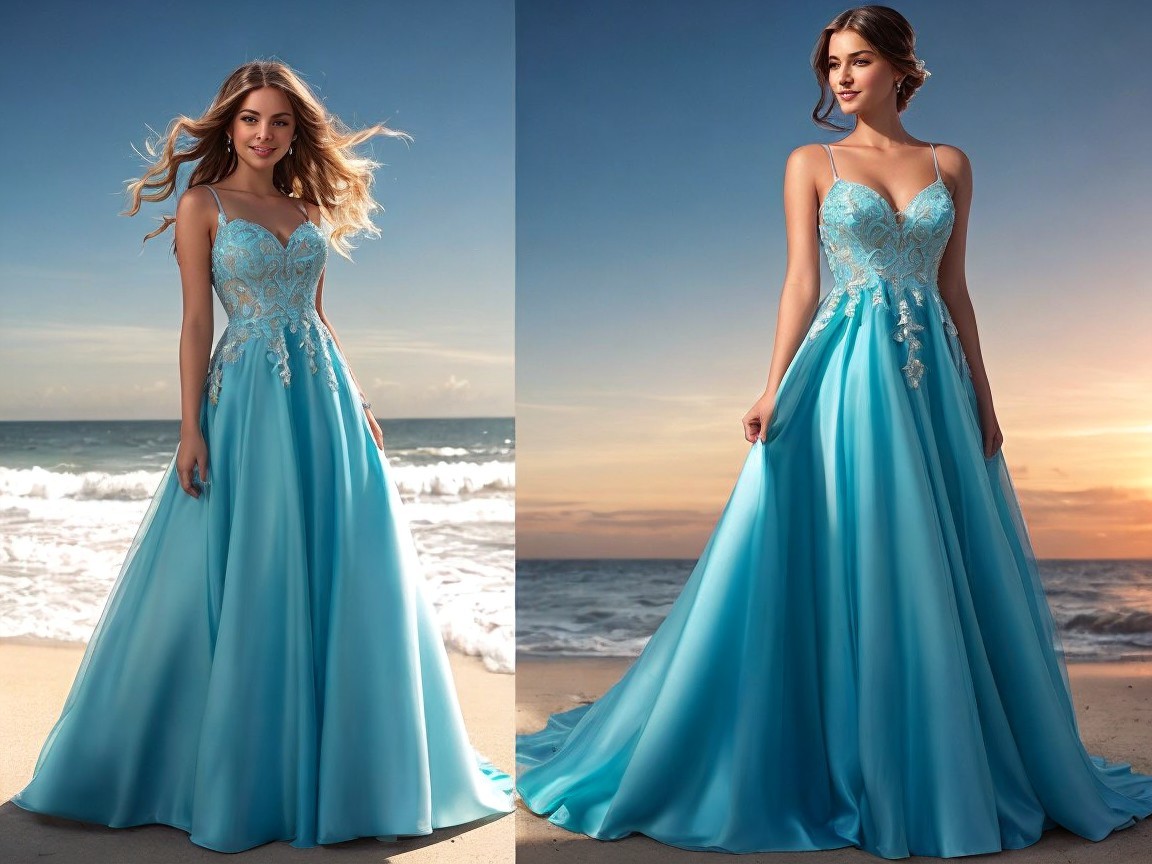 Young Woman in Light Blue Gown at Beach Sunset