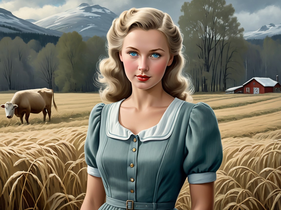 Vintage Scene of Woman in Wheat Field with Barn