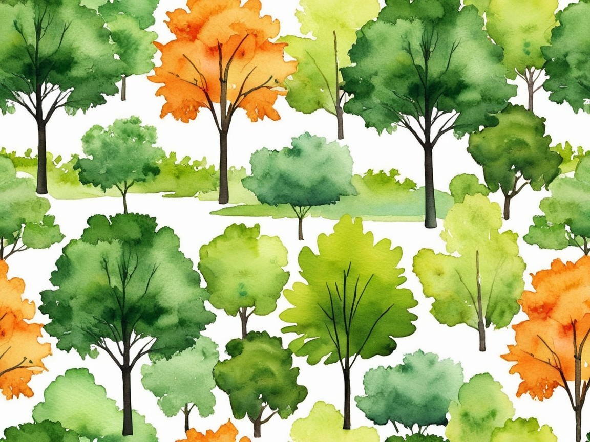 Vibrant Watercolor Pattern of Various Green Trees