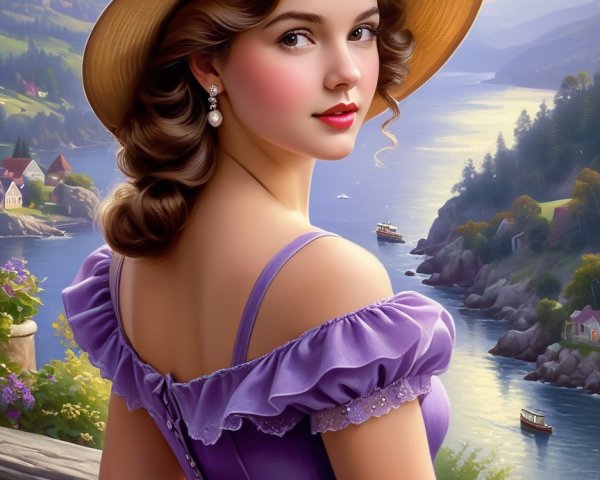 Young Woman in Purple Dress by Serene Lake and Mountains