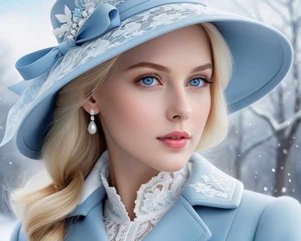 Young Woman in Elegant Winter Attire with Blue Hat