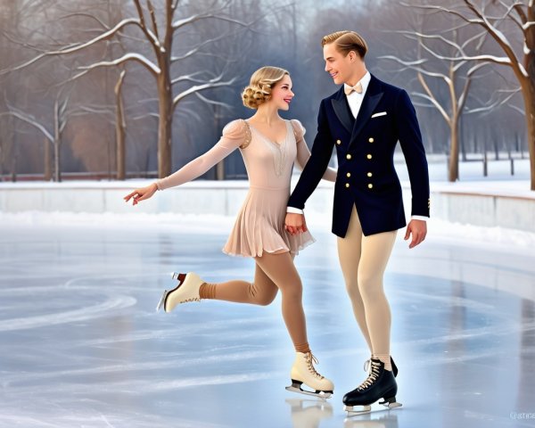 Ice Skaters on Outdoor Rink Surrounded by Snow