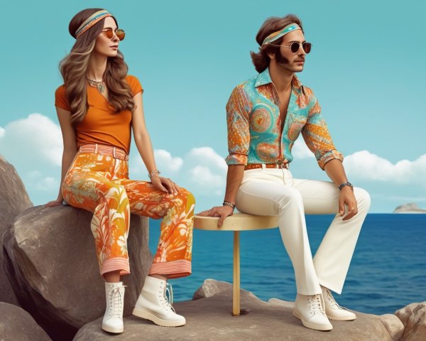 Retro Seaside Fashion with Flared Pants and Accessories
