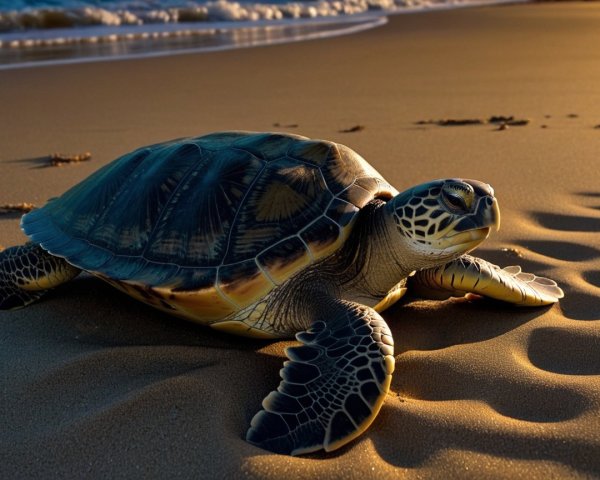 Turtle Resting on Sandy Beach at Sunset with Waves