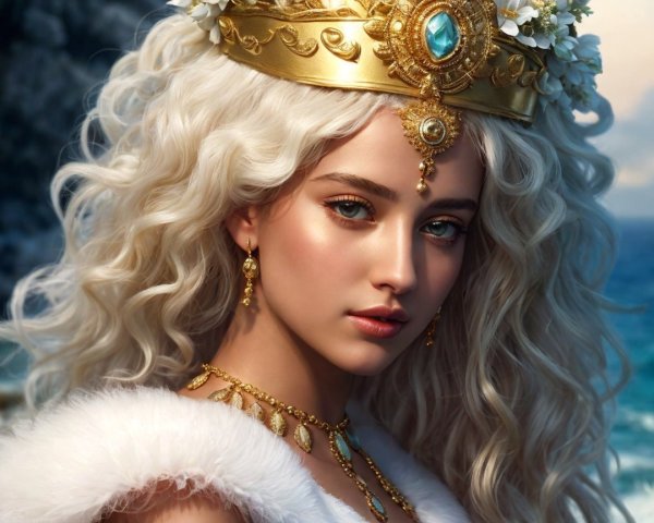Young woman with blonde hair and floral crown by coast