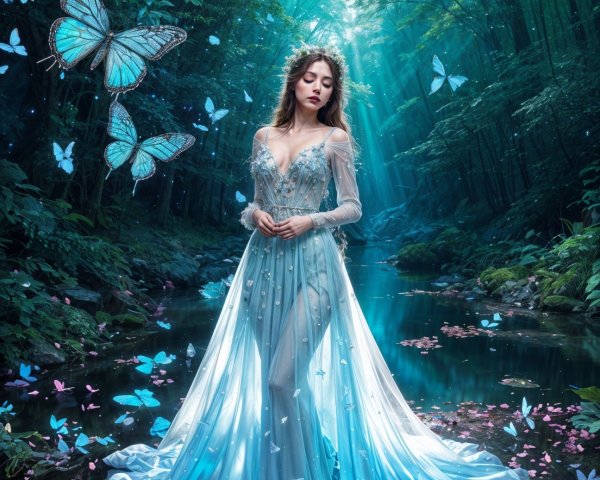 Mystical Forest Scene with Woman in Ethereal Gown