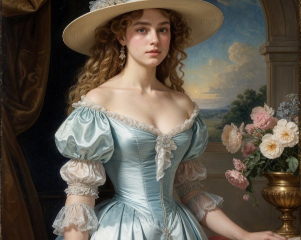 Elegant Woman in Soft Blue Gown in Luxurious Room