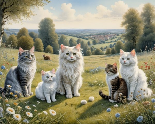 Cats in a Meadow Surrounded by Wildflowers and Hills