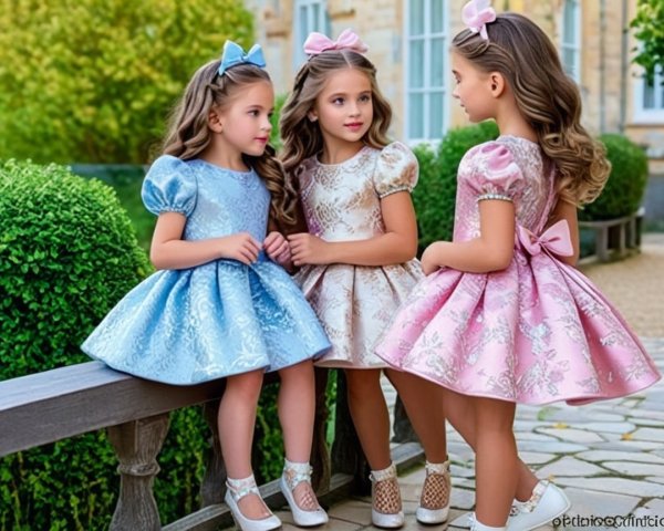 Young girls in pastel dresses outdoors with bows