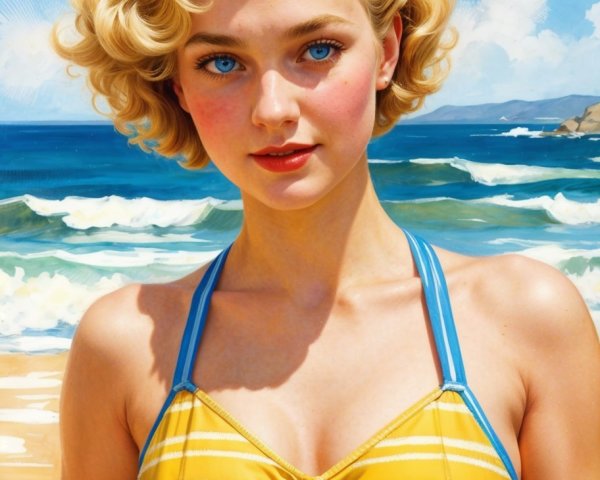 Young Woman in Bikini at Vibrant Beach Scene