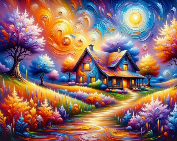 Vibrant Swirl-Patterned Landscape with Charming House