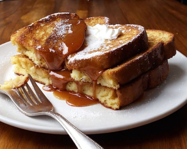 Golden French toast with maple syrup and whipped cream