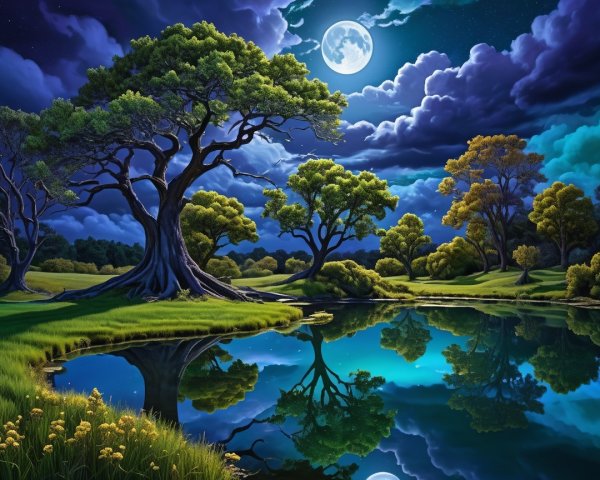 Serene Lake Landscape Under Moonlit Sky