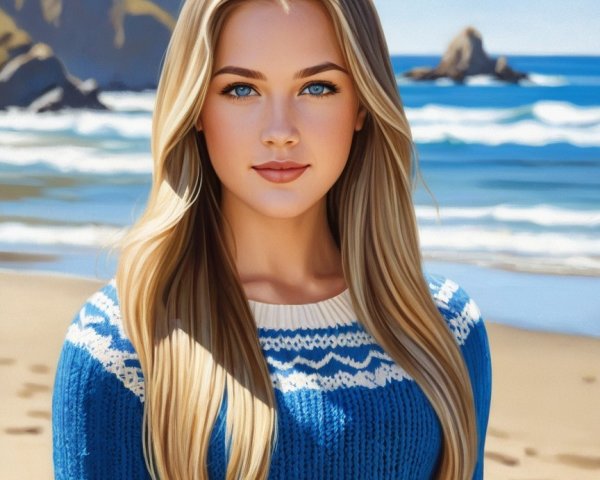 Young Woman in Cozy Sweater at Serene Beach