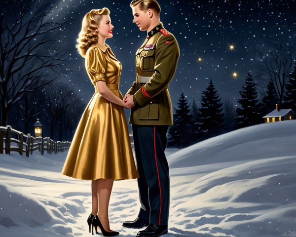 Couple in Military Uniform and Gold Dress in Snowy Scene