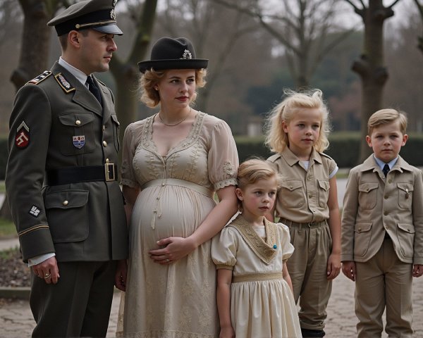 Uniformed Man and Pregnant Woman in Vintage Dress