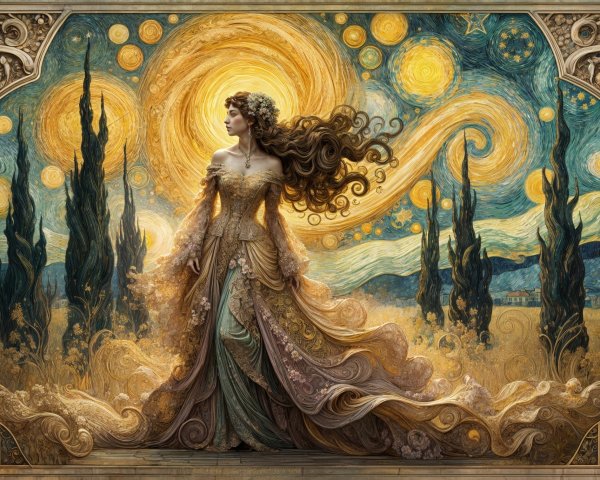 Woman in flowing gown in a starry landscape scene