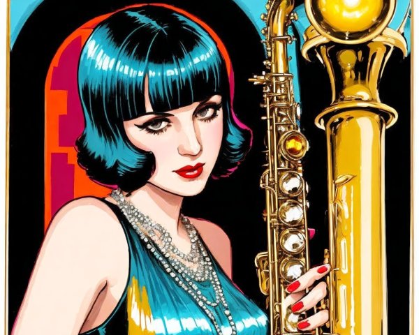 Stylized woman with turquoise hair and saxophone