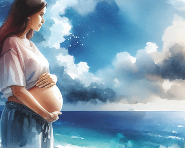 Pregnant Woman Reflects on Beach with Ocean View