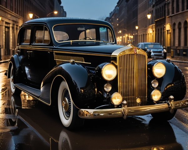 Vintage Car Under Streetlights on Rainy Evening