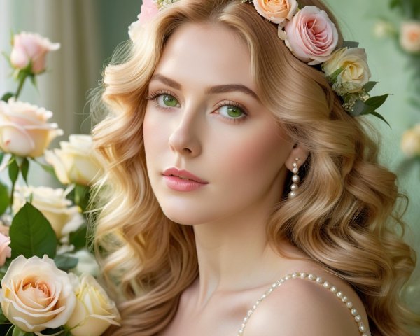 Young woman in floral headband and green dress with roses