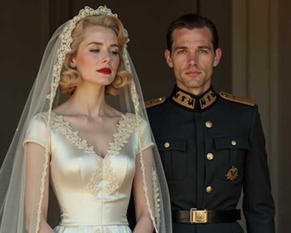 Elegant Bride in Vintage Lace Gown with Groom in Uniform