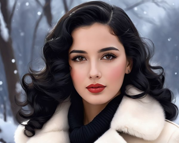 Young Woman in Black Curls Against Snowy Landscape
