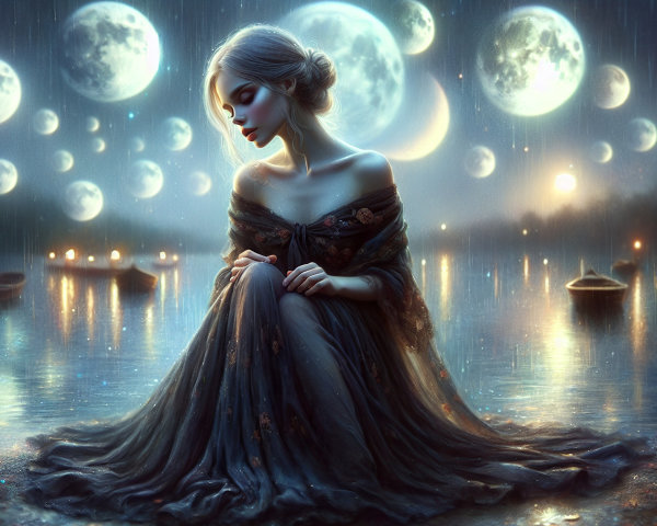 Young Woman in Elegant Gown by Tranquil Lake at Night