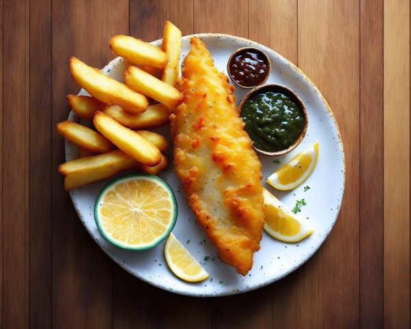 Golden-Battered Fish Fillet with Crispy Fries and Sauces