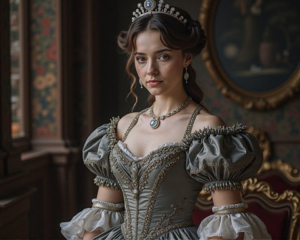 Young Woman in Vintage Gown in Grand Room Setting