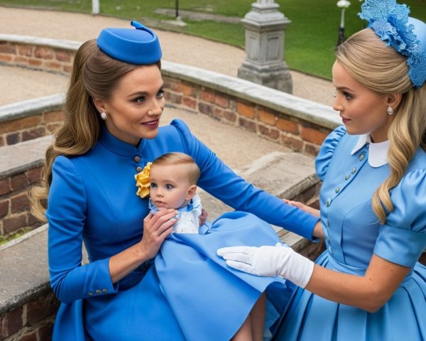 Elegant Women in Blue Outfits with Baby in Nature