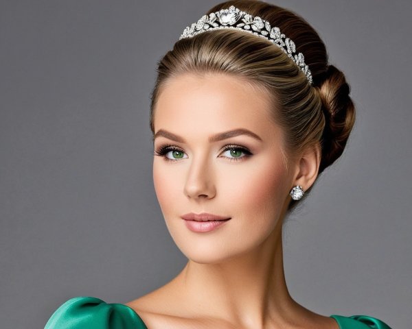 Elegant Young Woman in Green Dress and Tiara
