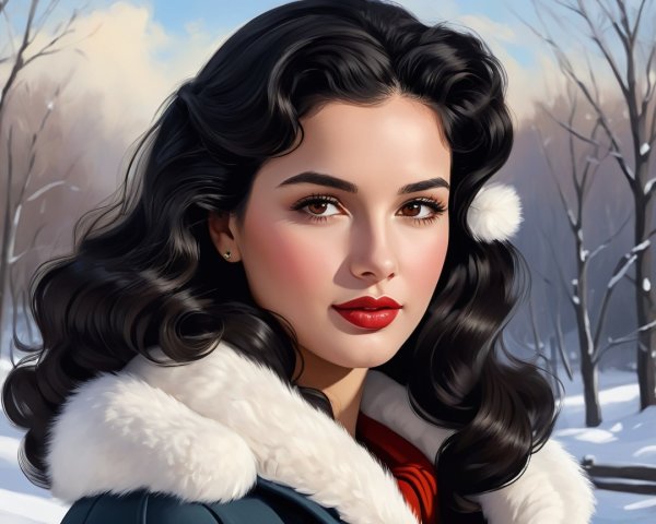 Young Woman in Fur Collar Against Winter Landscape