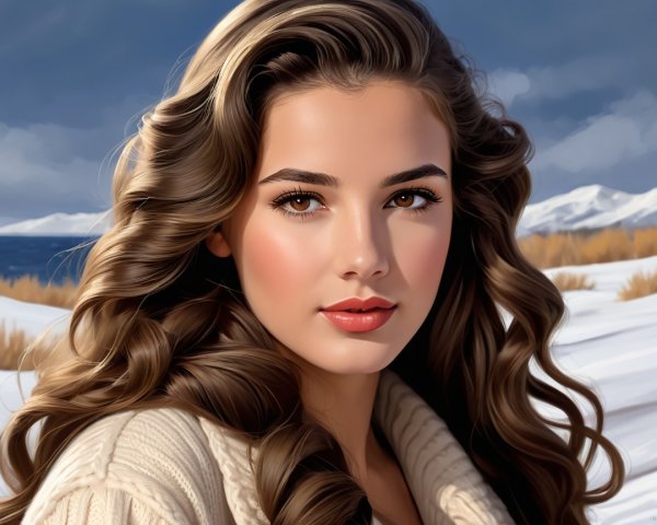 Young woman in cozy sweater in winter landscape