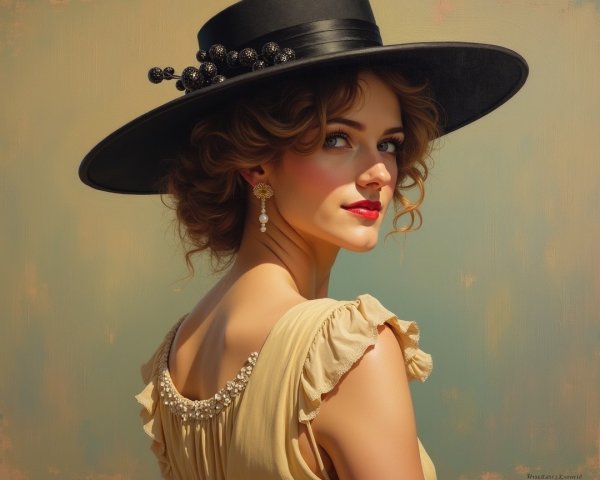 Young woman in pastel yellow dress and black hat