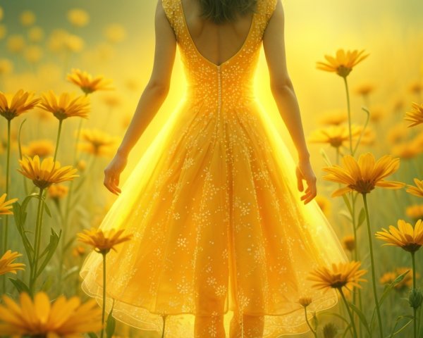 Young girl in a yellow dress in a daisy field