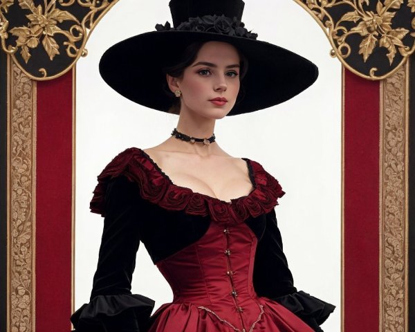 Elegant Woman in Red and Black Gown with Hat