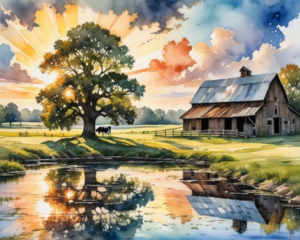 Serene Rural Landscape with Barn and Tranquil Pond