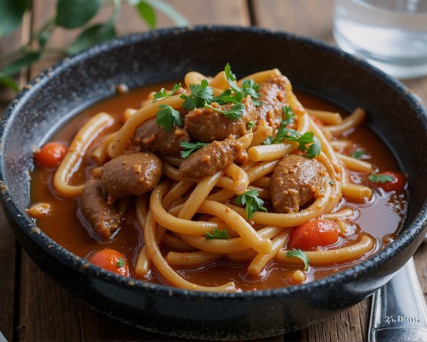 Hearty Pasta Bowl with Meat and Colorful Garnishes