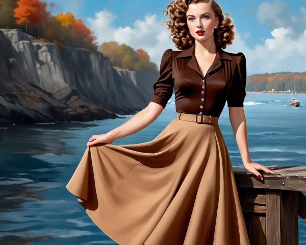 Vintage Scene of Woman by Serene Waterfront Dock