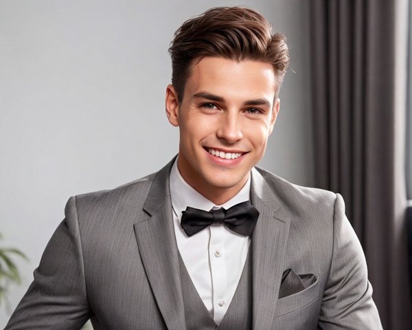 Young man in gray suit and bow tie with greenery backdrop