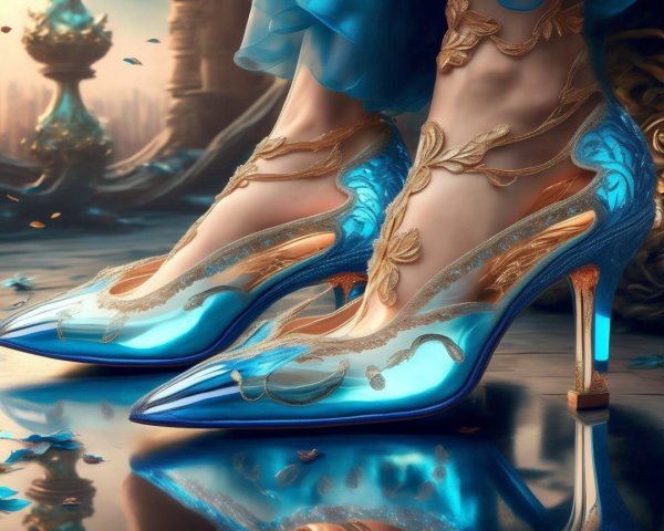 Translucent Blue High-Heeled Shoes with Floral Patterns