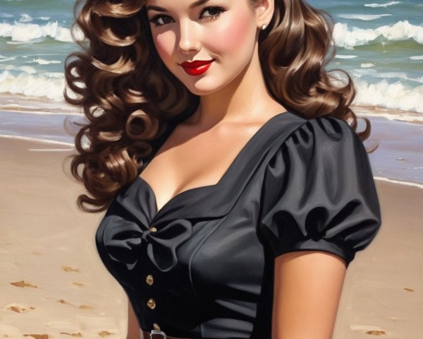 Vintage Beach Portrait of Young Woman in Black Dress