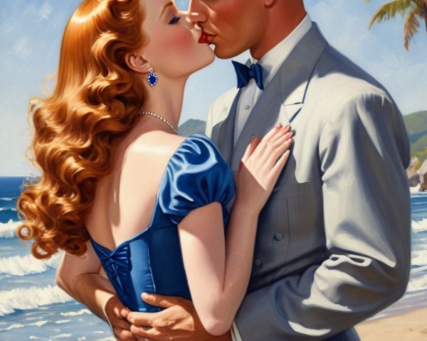 Romantic Beach Scene with Couple and Palm Trees
