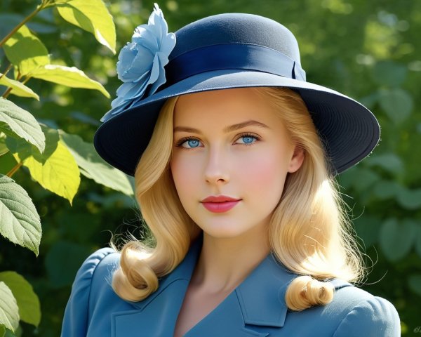 Young woman in blue outfit with floral hat outdoors